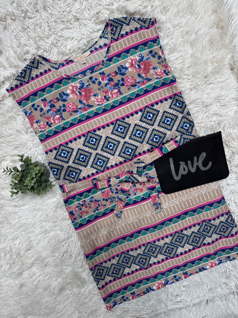 Under Skies Floral & Geometric Midi Shift Dress 💗 Beige Pink Blue & Green - Picture 2 of 16